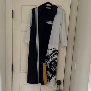 Black & White Long Sleeve Shirt Dress with Floral Panel